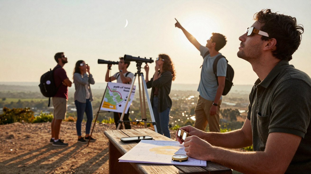 Grupo de pessoas observando o céu com telescópios durante o pôr do sol em área aberta.