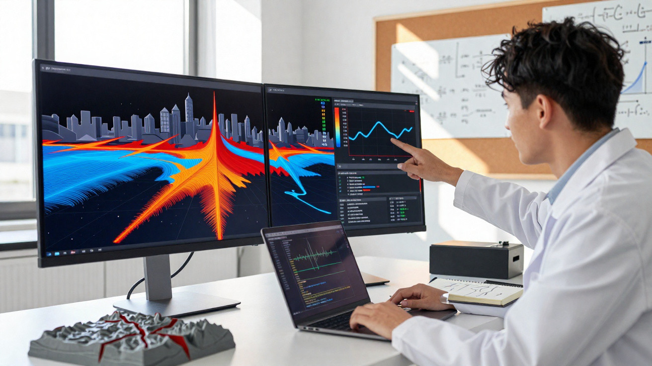 Cientista em laboratório analisando dados sísmicos em dois monitores e notebook, com maquete de vulcão na mesa.