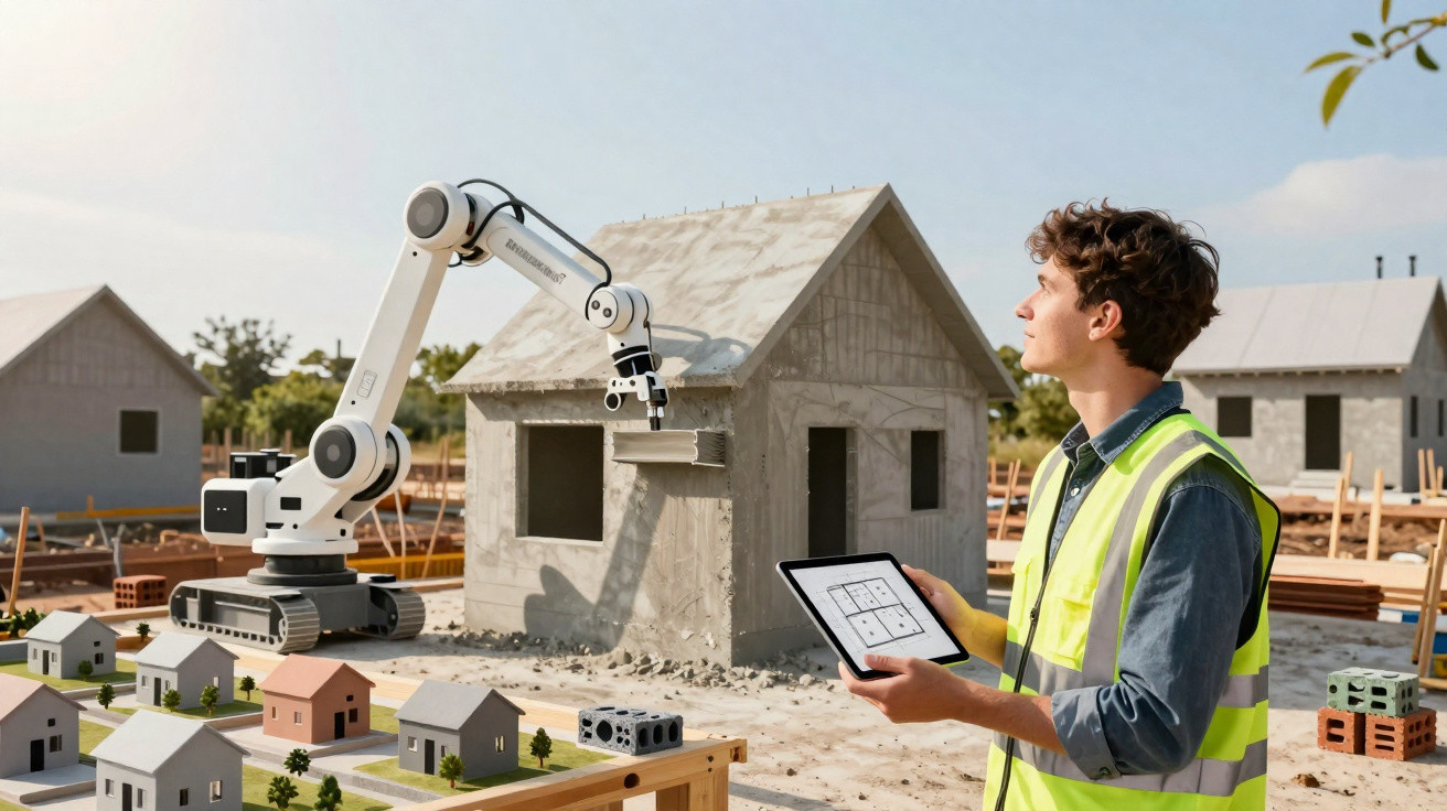Engenheiro controla robô com tablet na construção de modelo arquitetônico de casas em miniatura.