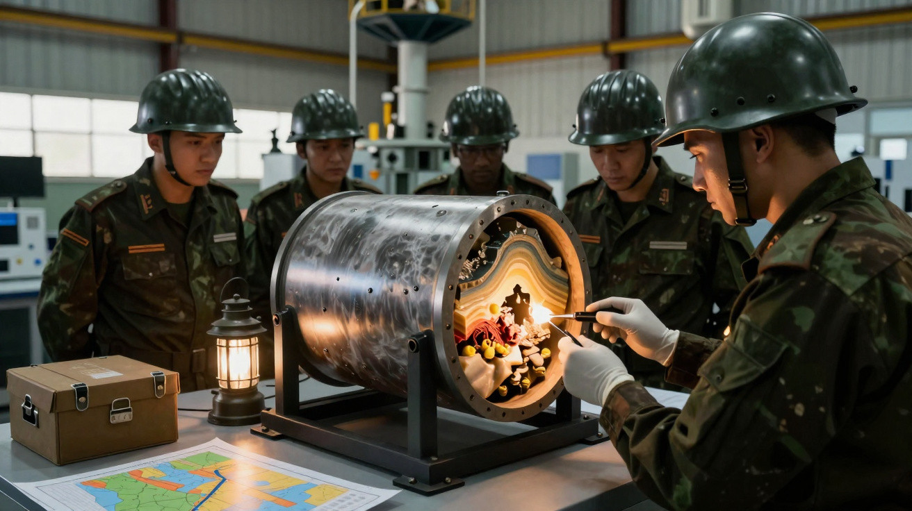 Militares em capacetes observam experimento geológico com modelo de camada terrestre em laboratório.