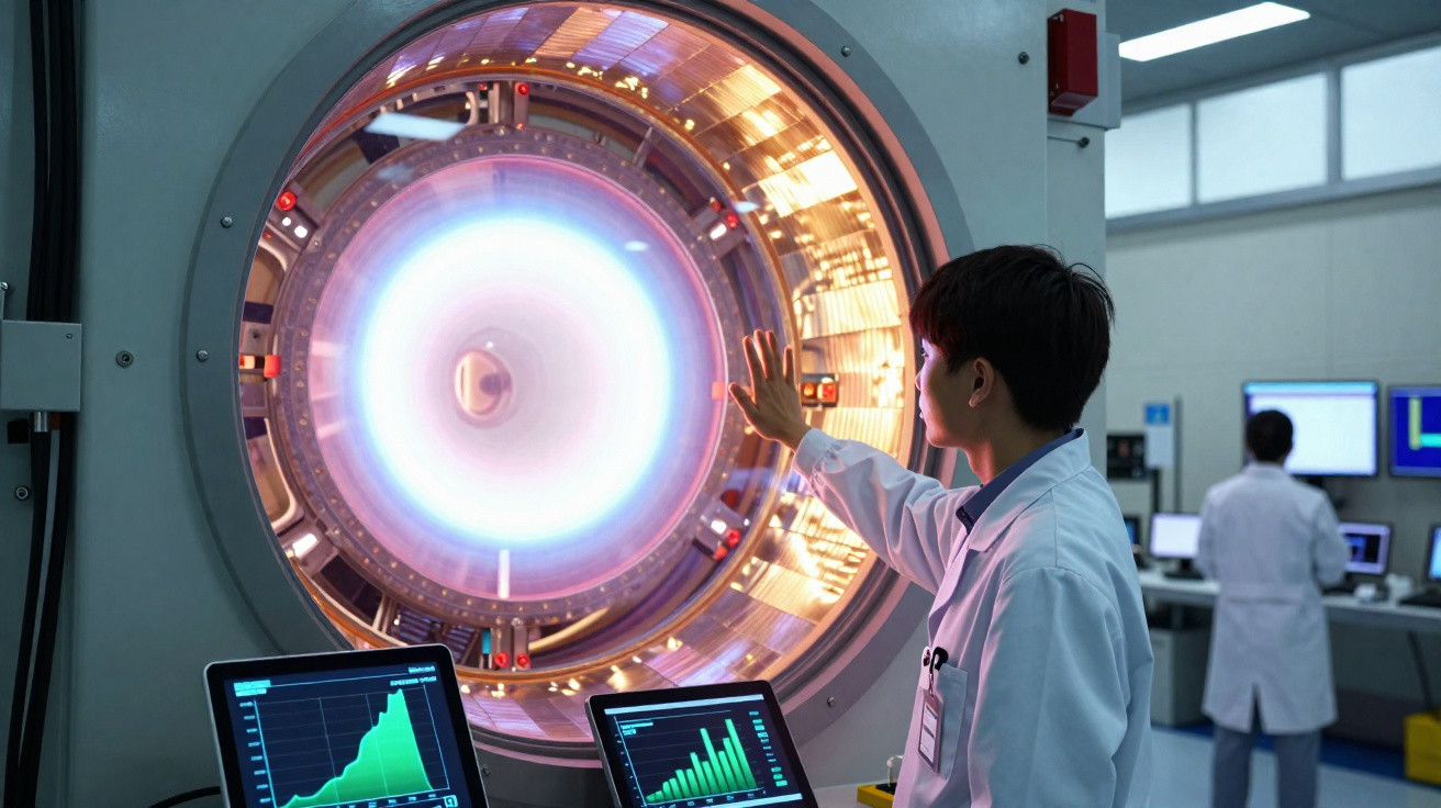 Cientista em laboratório controla equipamento futurista circular com luzes e telas exibindo gráficos.