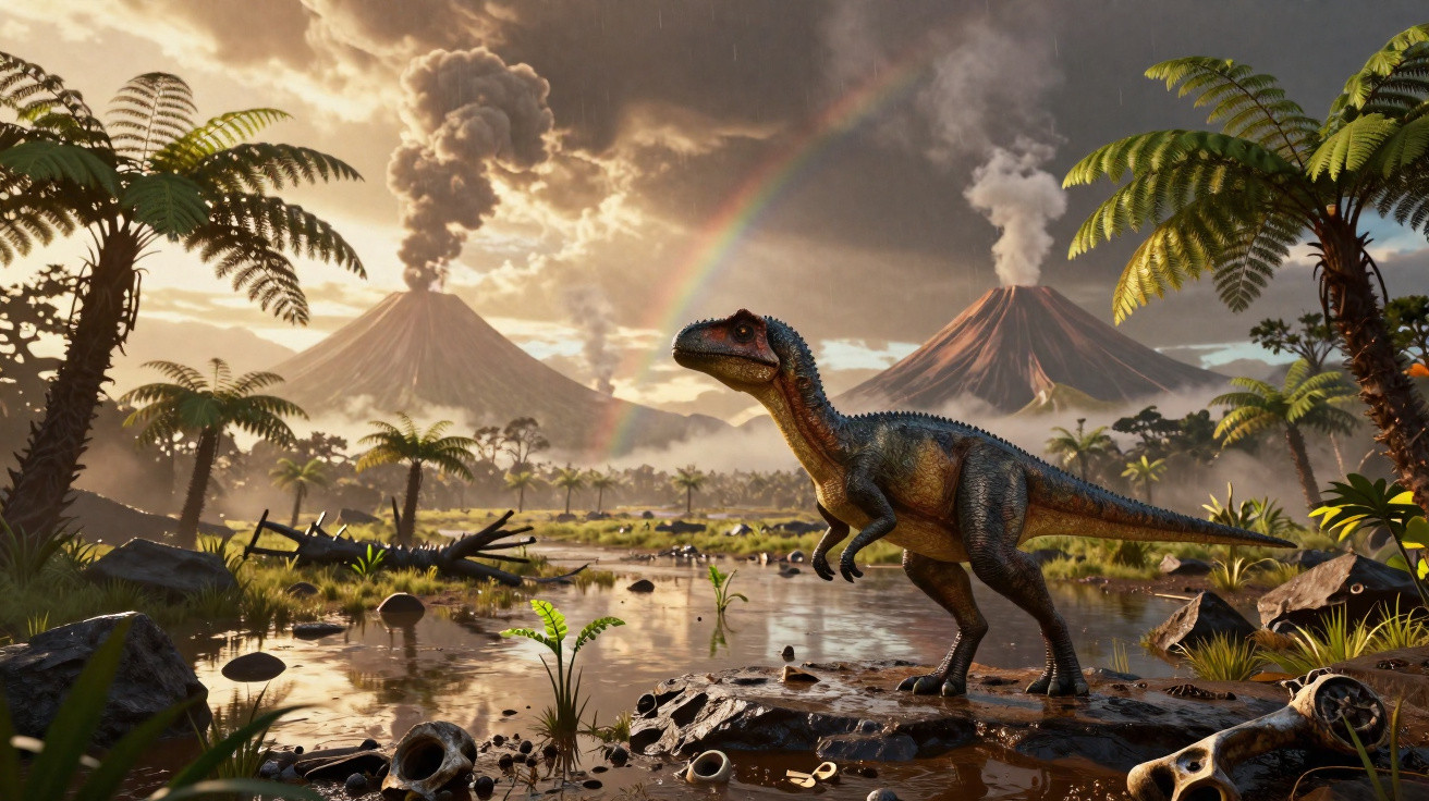 Dinossauro em paisagem pré-histórica com vulcões fumegantes, vegetação densa e arco-íris ao fundo.