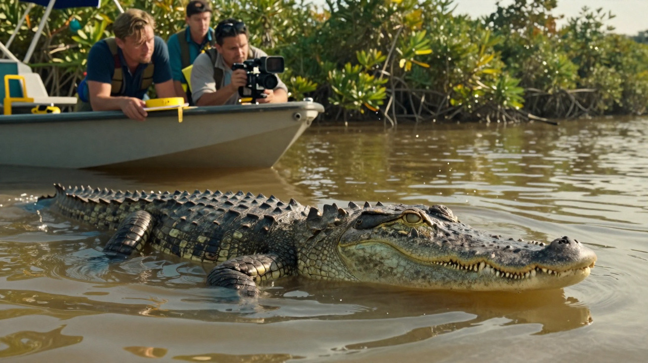 Jacaré nadando próximo a barco com três homens observando e filmando em rio cercado por vegetação.
