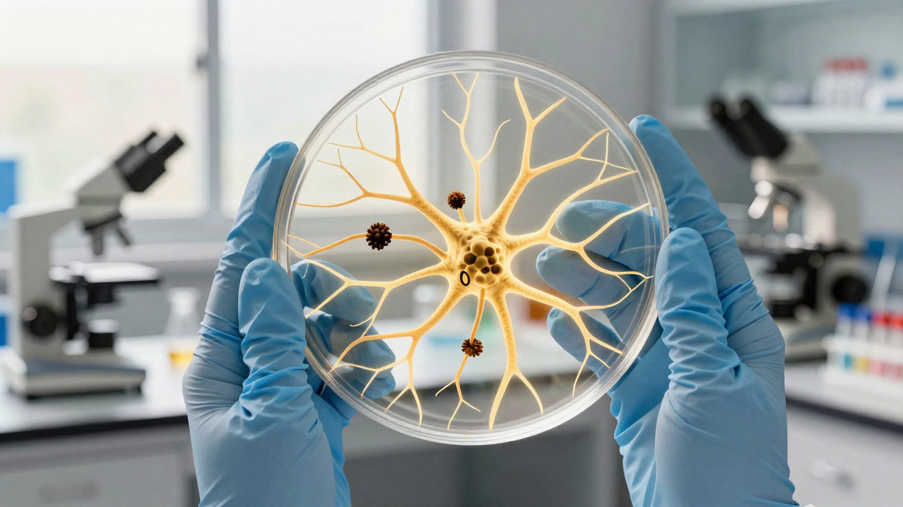 Mãos com luvas azuis seguram placa de Petri com ilustração de célula neural em laboratório.