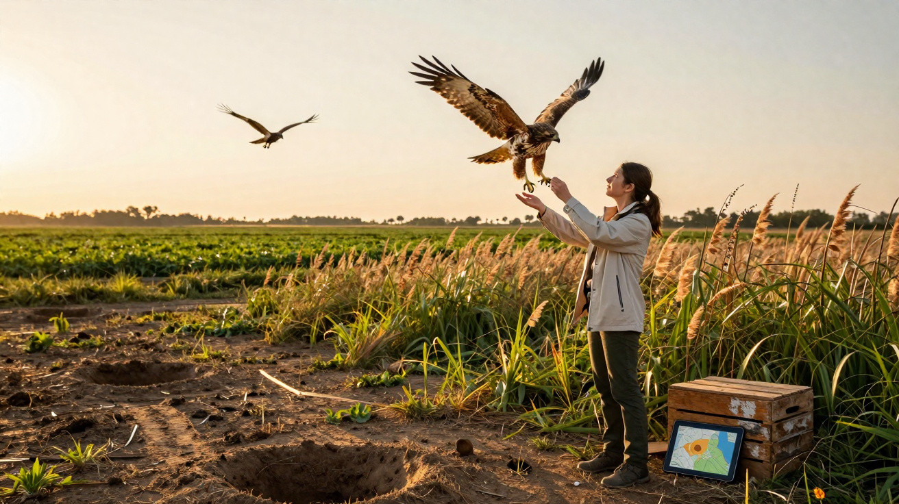 Mulher libera águia para voo em campo ao pôr do sol, com caixa e tablet no chão ao lado.