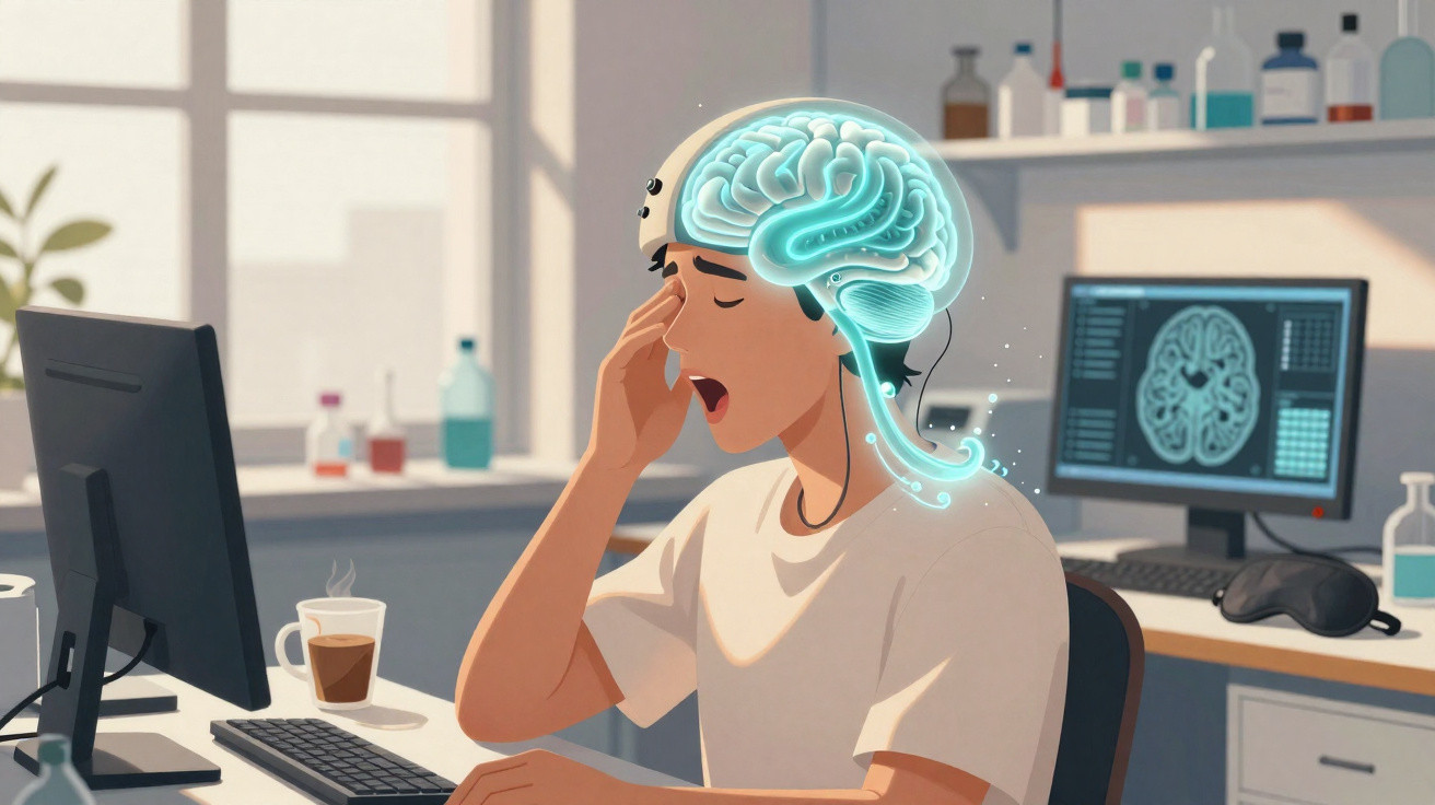Pessoa sentada em escritório com expressão de dor de cabeça e ilustração digital de cérebro iluminado.