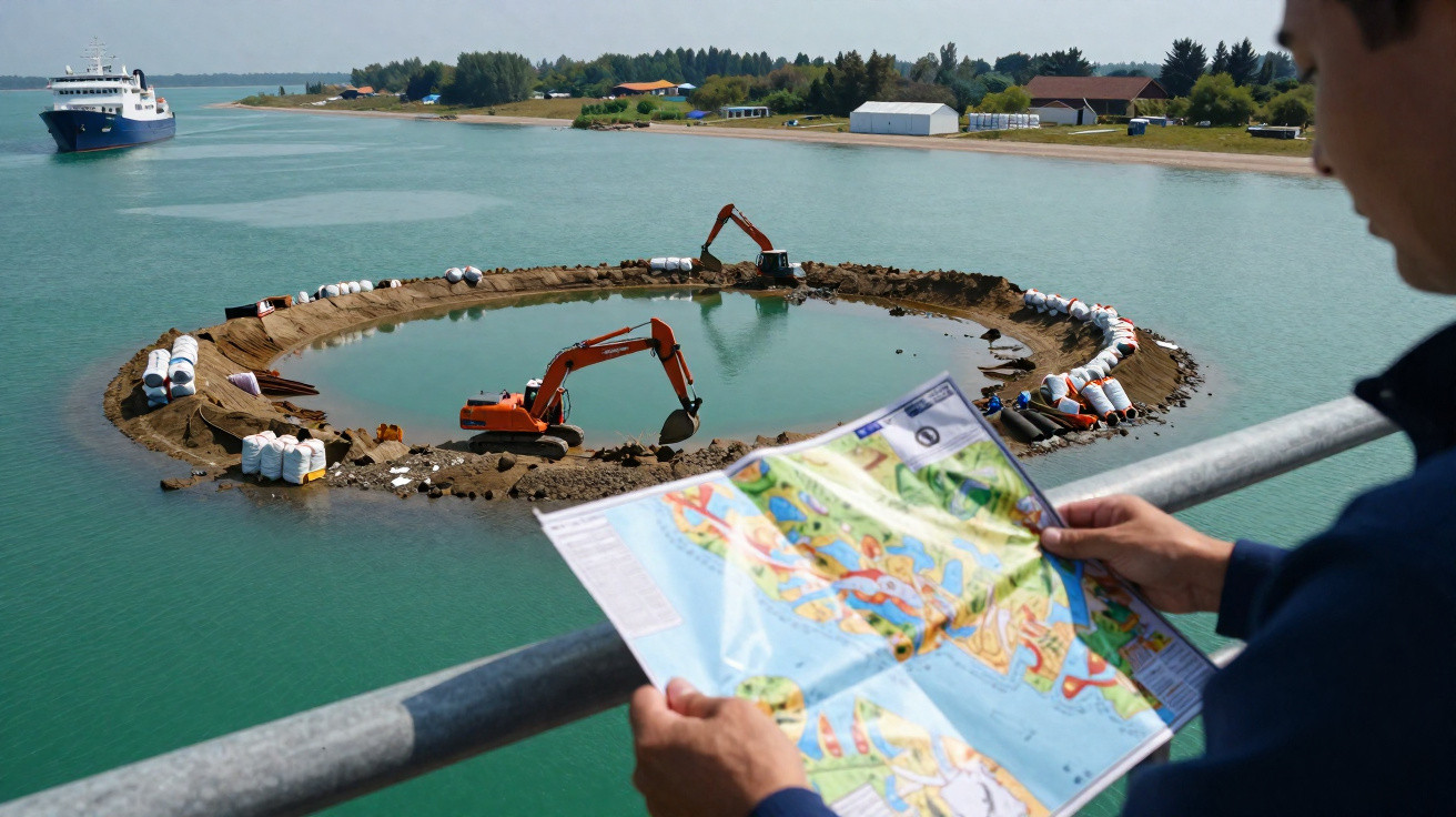 Homem segurando mapa olhando construção circular com escavadeiras em área alagada próxima a navio.
