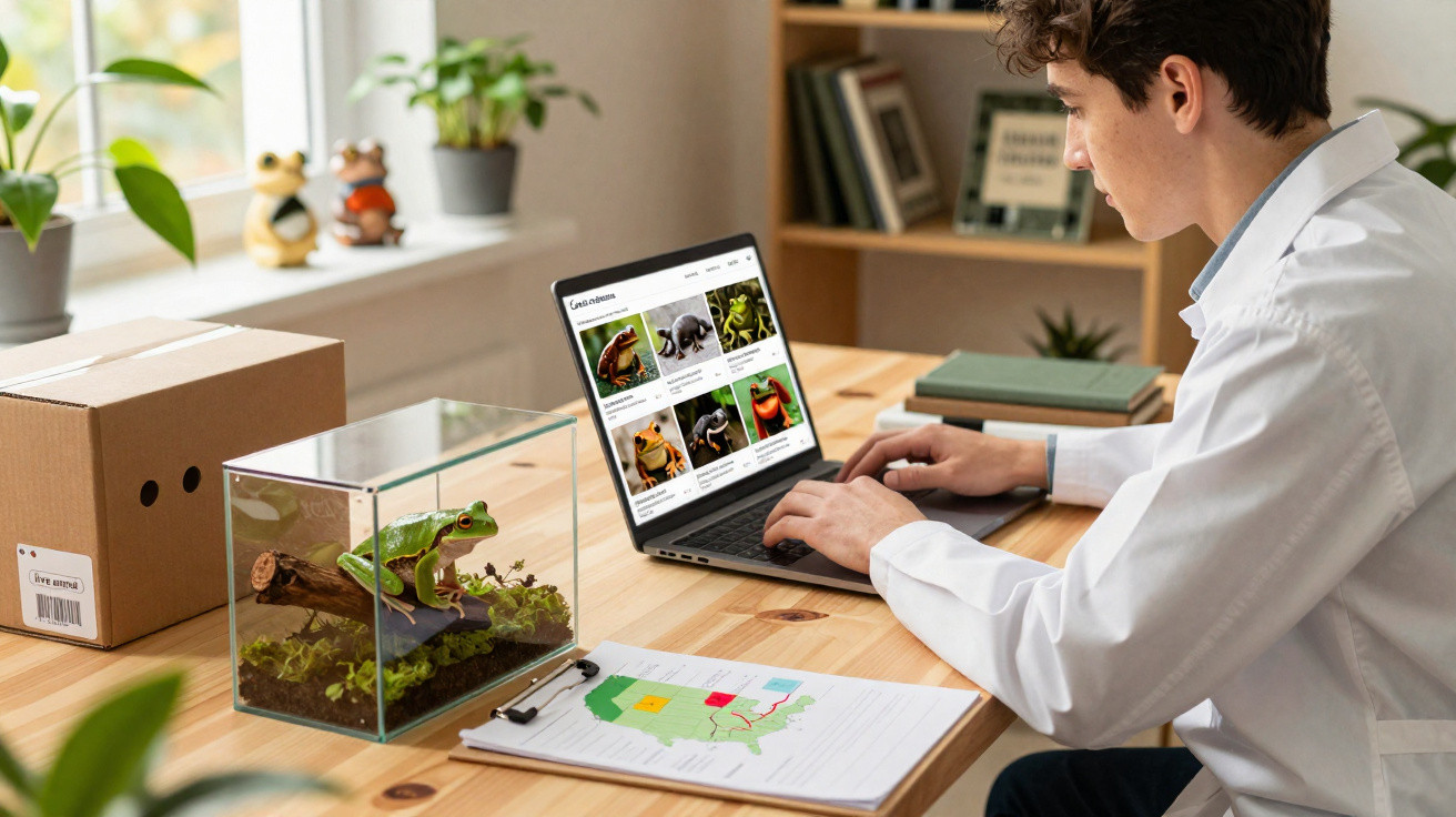 Jovem cientista analisa sapos em terrário enquanto pesquisa fotos e informações no laptop em laboratório.