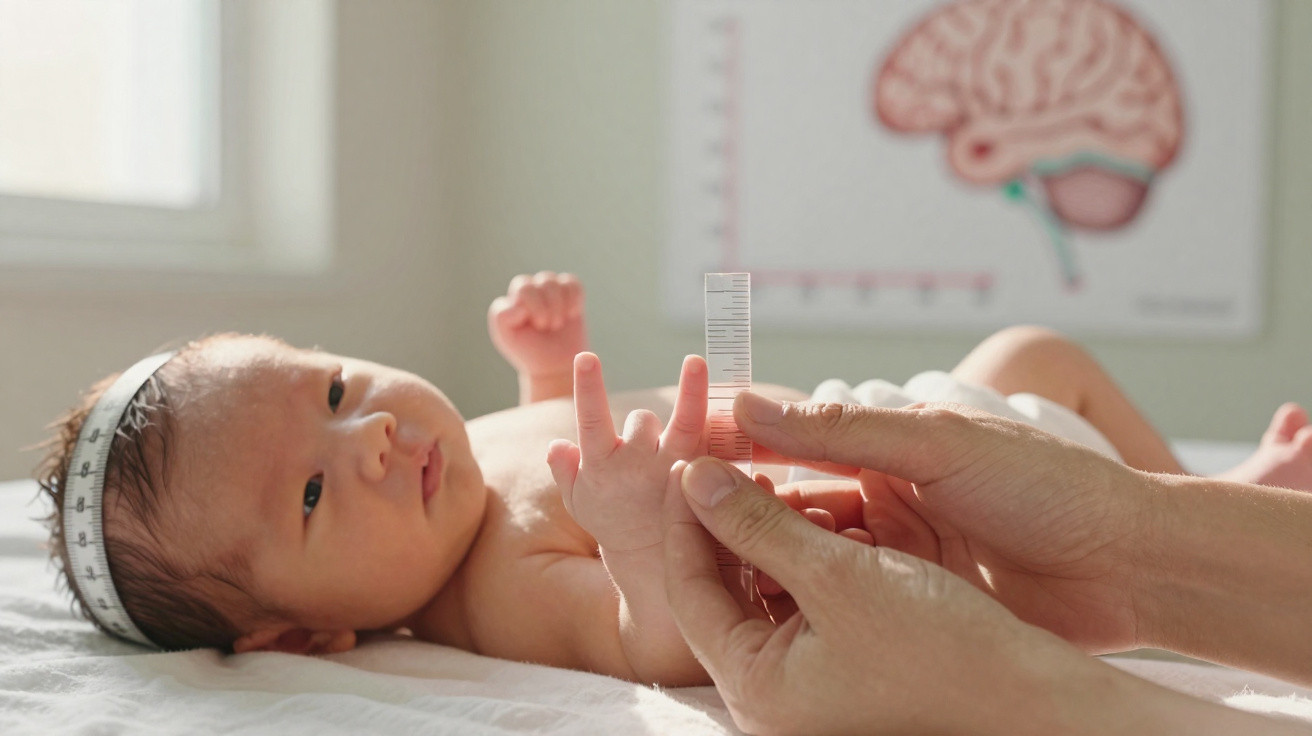 Bebê recém-nascido tendo comprimento das mãos medido por profissional de saúde em ambiente clínico.
