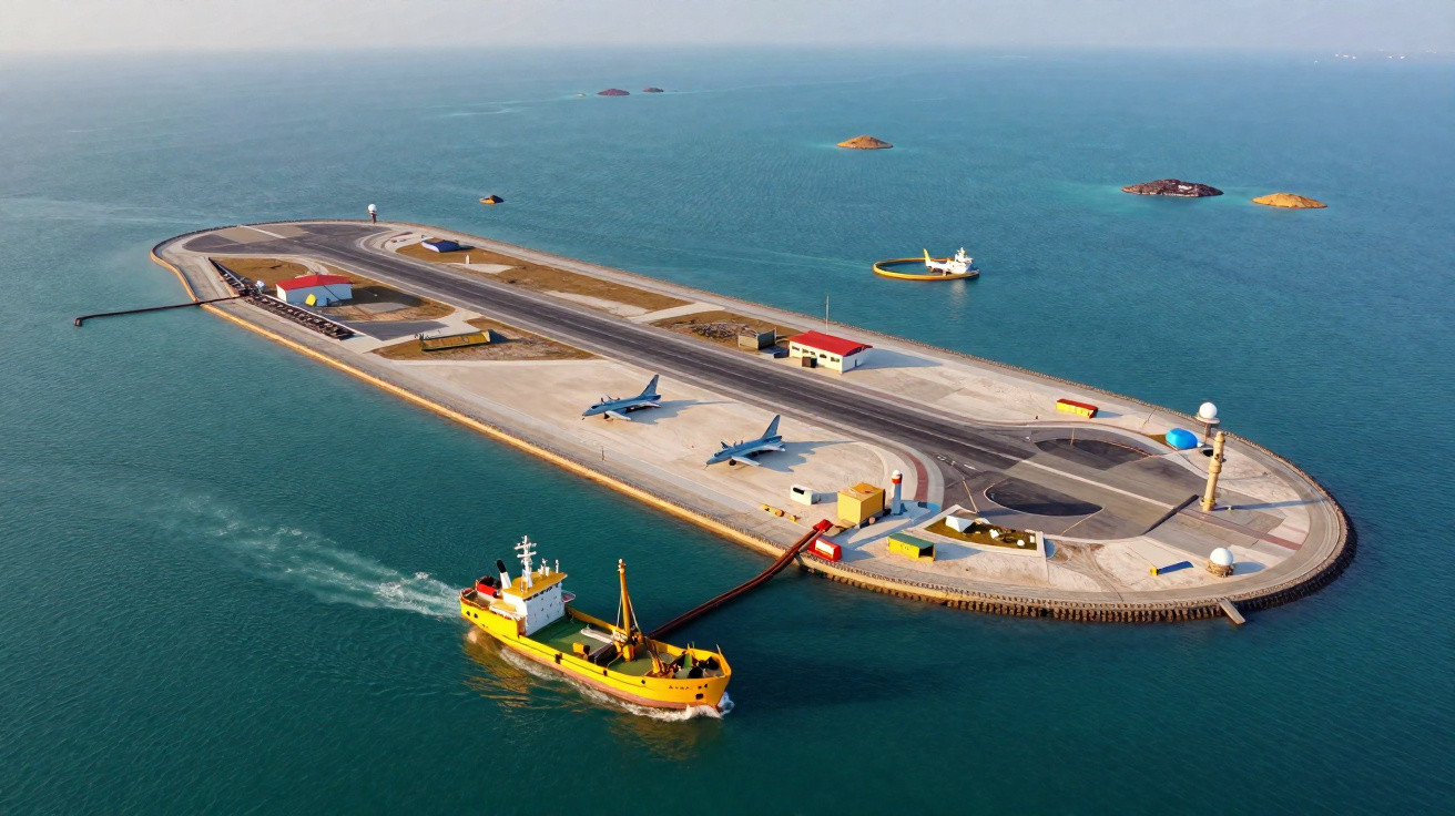 Vista aérea de ilha artificial com pista de pouso, jatos estacionados e navio amarelo no mar azul.