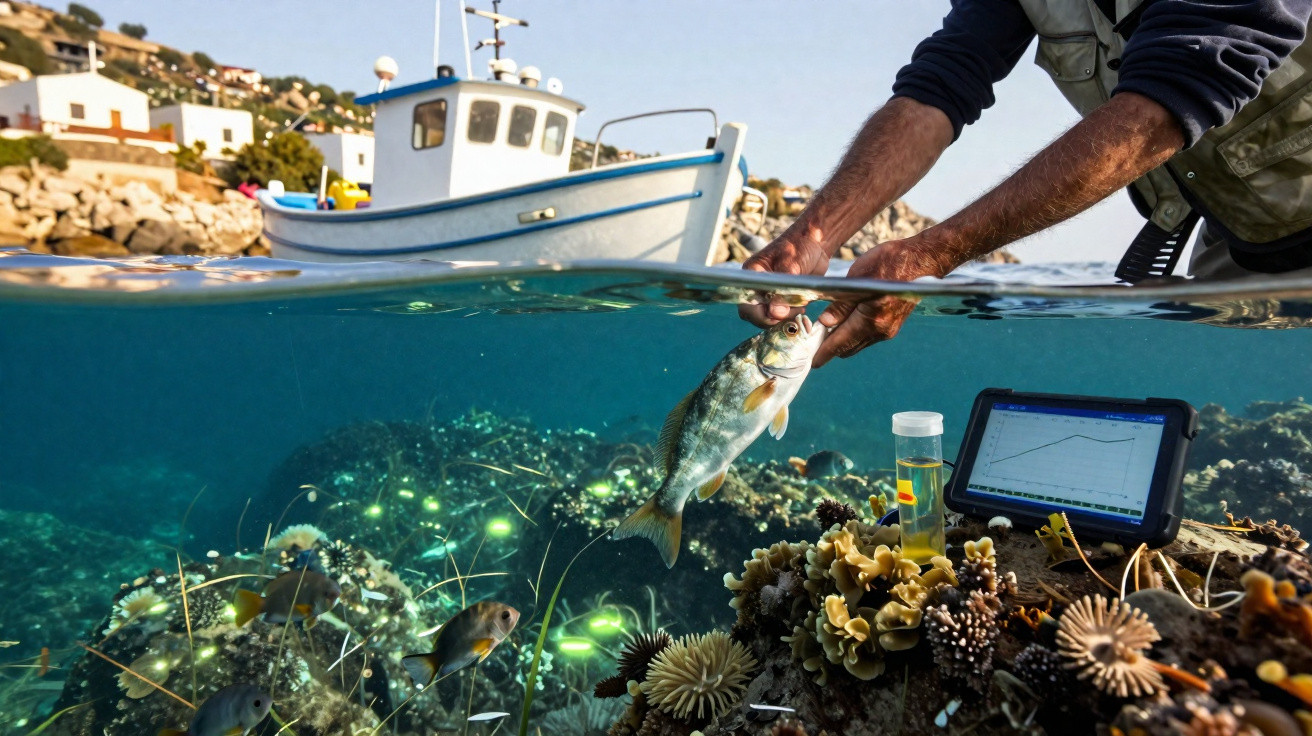 Mãos de pescador seguram peixe recém-pescado, com barco e colônia de corais submersos ao fundo.