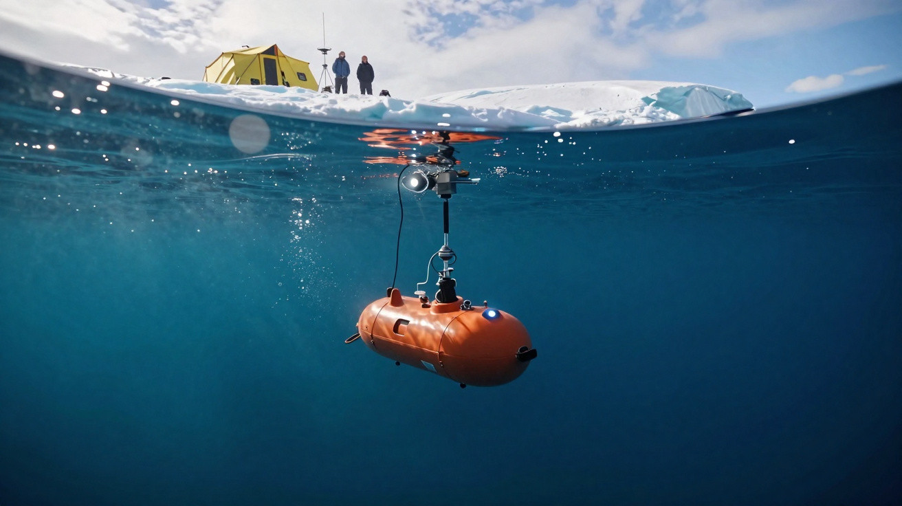 Veículo submersível laranja operando abaixo da superfície próxima a uma praia com tenda amarela e pessoas.