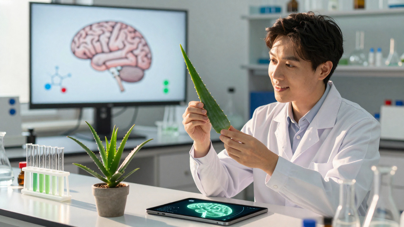 Cientista em laboratório analisando folha de babosa com imagem do cérebro ao fundo.