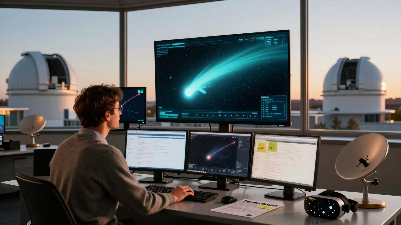Homem analisando dados de cometa em múltiplos monitores em observatório com telescópios ao fundo.