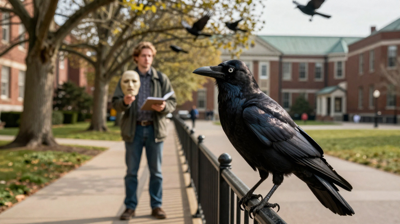 Corvo preto empoleirado em grade com homem ao fundo segurando máscara branca no caminho de campus universitário.