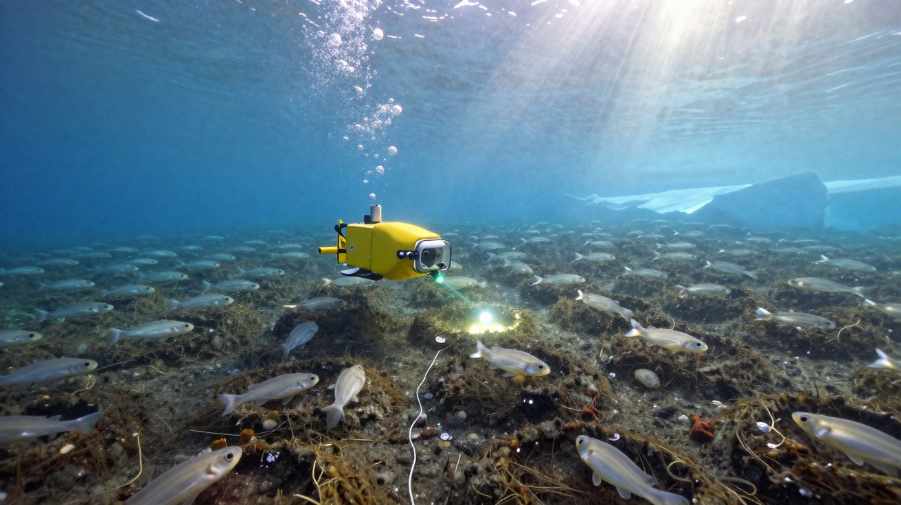 Veículo subaquático amarelo explorando o fundo marinho com peixes e luz solar penetrando a água.