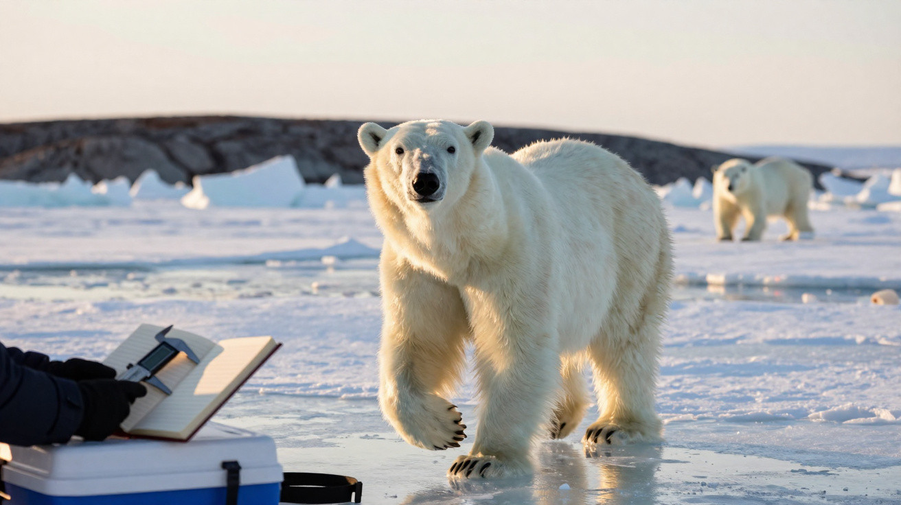 Urso polar caminhando no gelo com pessoa ao lado segurando caderno aberto.