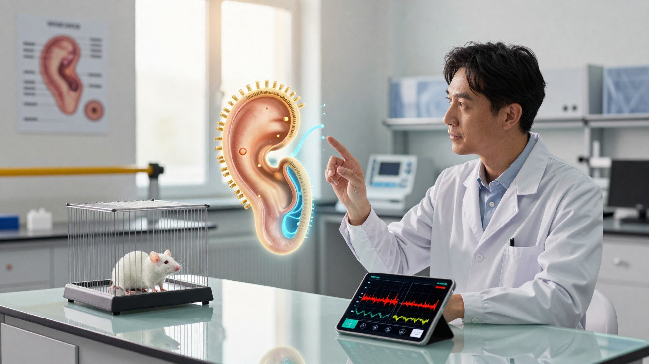 Cientista em laboratório com rato em gaiola e imagem digital de orelha humana flutuante.