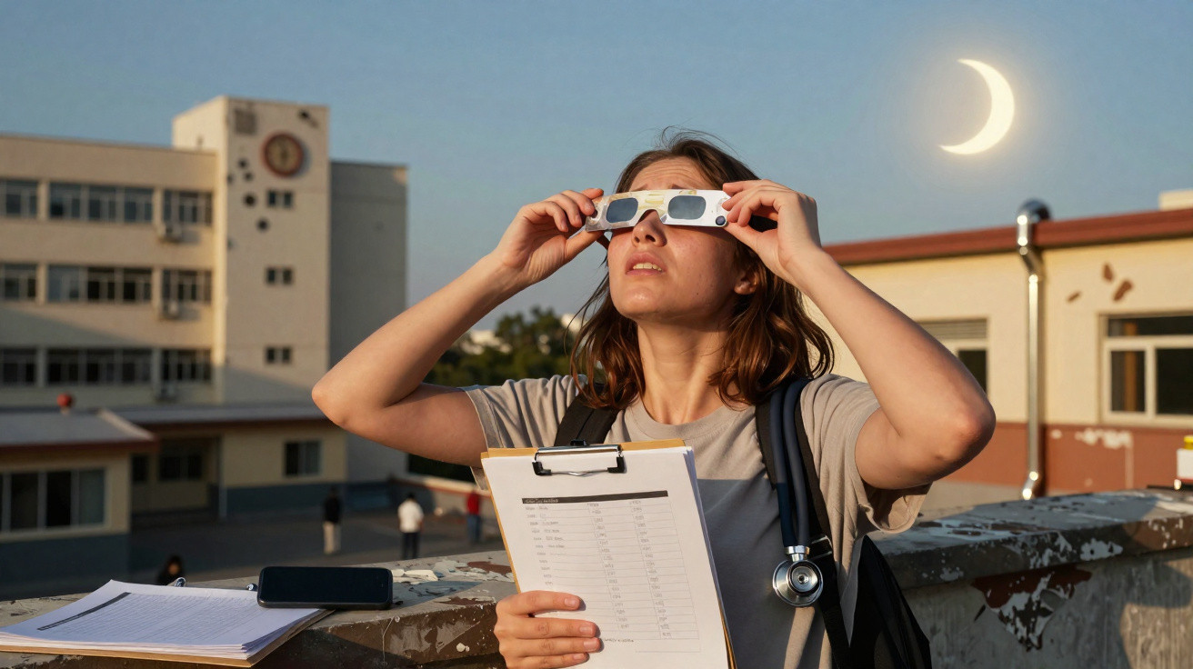 Mulher usando óculos especiais para observar eclipse solar, segurando prancheta em área externa escolar.