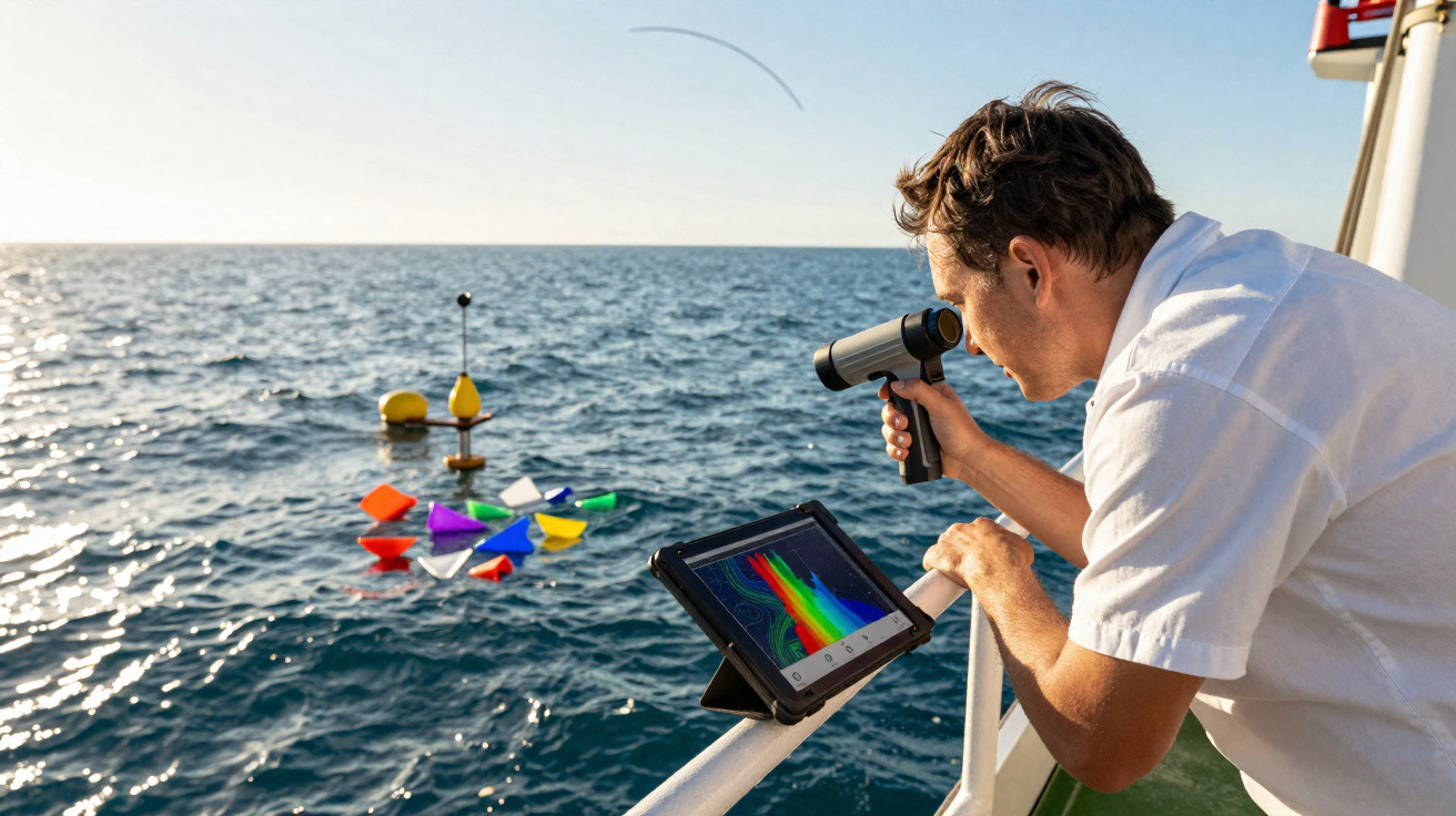 Homem observa instrumentos coloridos na água do mar usando visor eletrônico e aparelho de medição no barco.