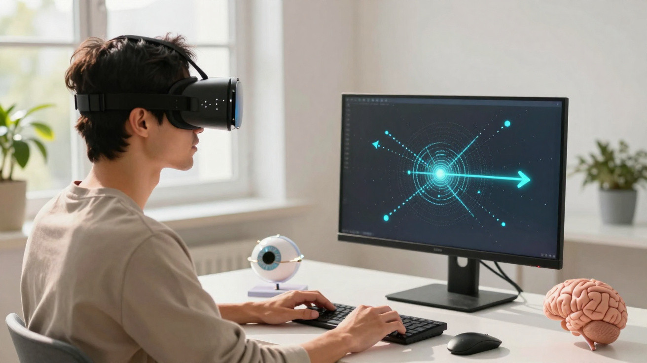 Jovem usando óculos de realidade virtual interage com computador em mesa com modelos de olho e cérebro.