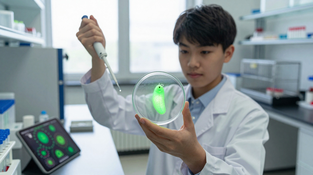 Cientista jovem em laboratório segurando placa de petri com modelo digital verde de organismo microscópico.