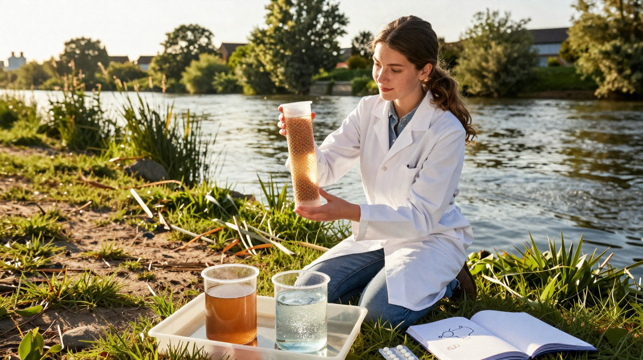 Mulher cientista analisando amostras de água ao ar livre próximo a um rio durante o dia.