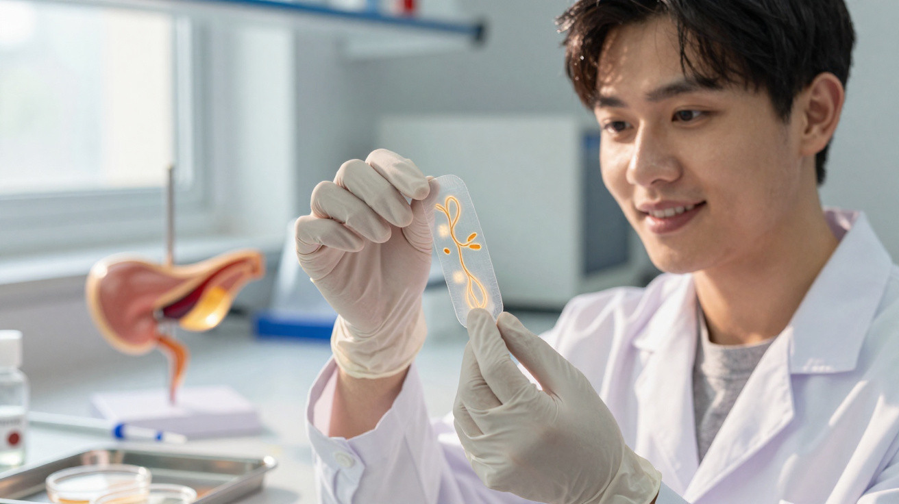 Cientista segurando lâmina de vidro com modelo de sistema reprodutor feminino em laboratório.