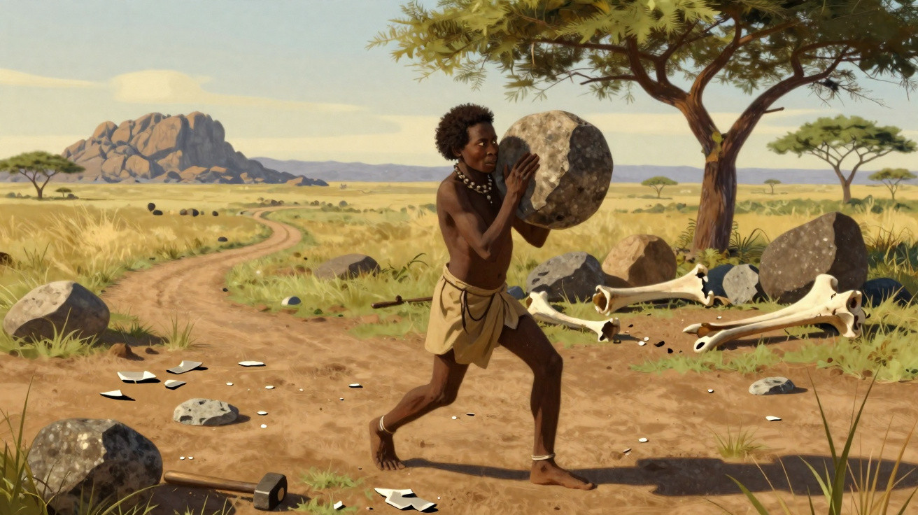 Homem pré-histórico transportando pedra grande em caminho de terra na savana com ossos e árvores ao redor.