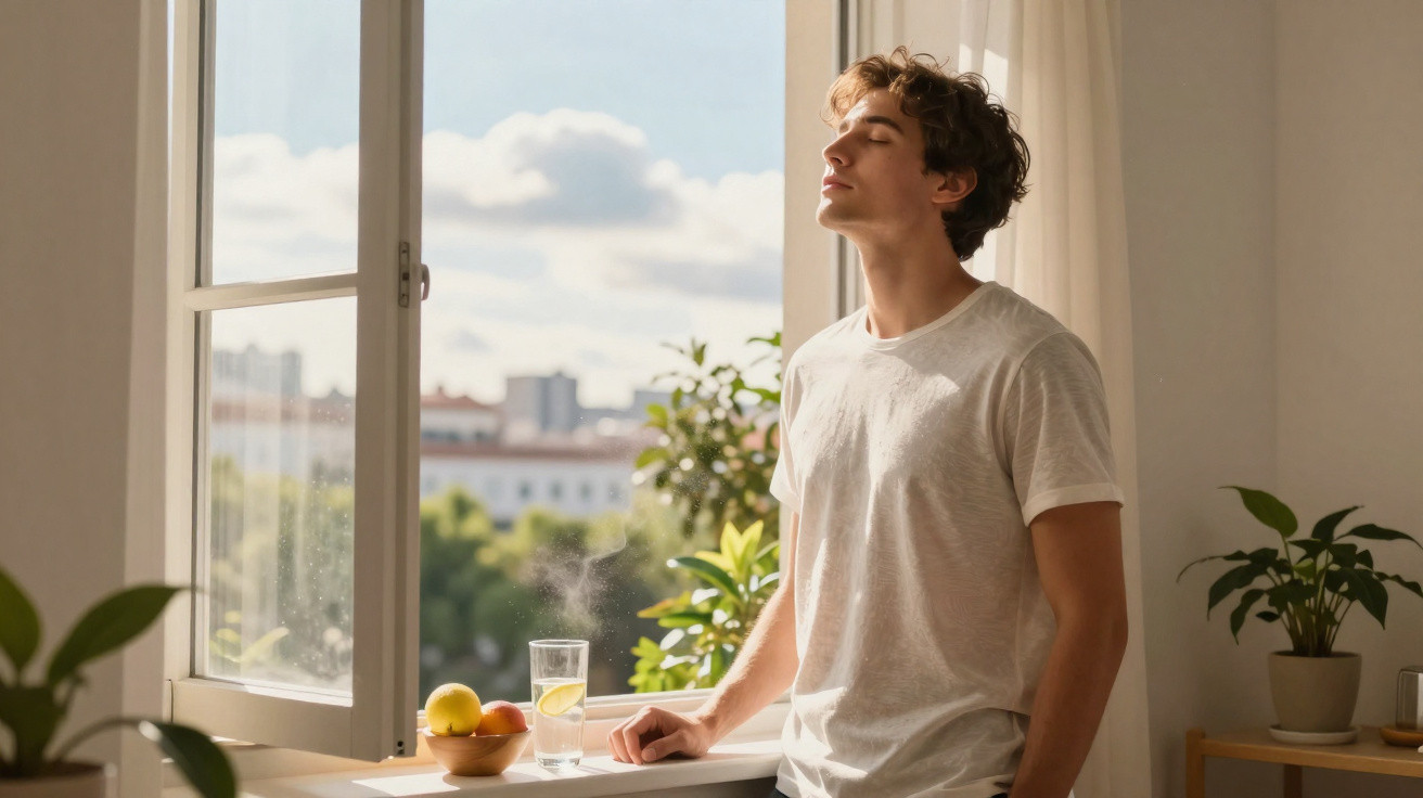 Jovem em camiseta branca respirando fundo próximo a janela com plantas e frutas ao lado.