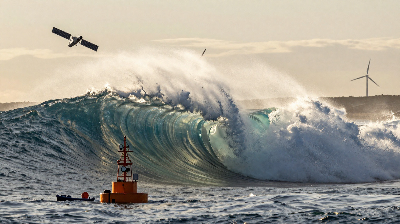 Onda grande quebrando no mar com boia laranja, satélite no céu e turbina eólica ao fundo.