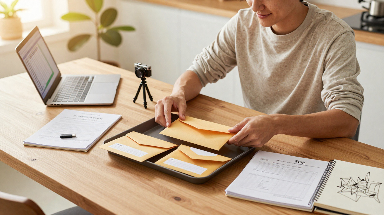 Pessoa organizando envelopes em uma bandeja sobre mesa com laptop, documentos e câmera.
