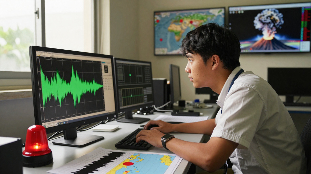 Homem analisando gráficos e mapas em múltiplos monitores em uma sala de controle com luz vermelha de alerta.