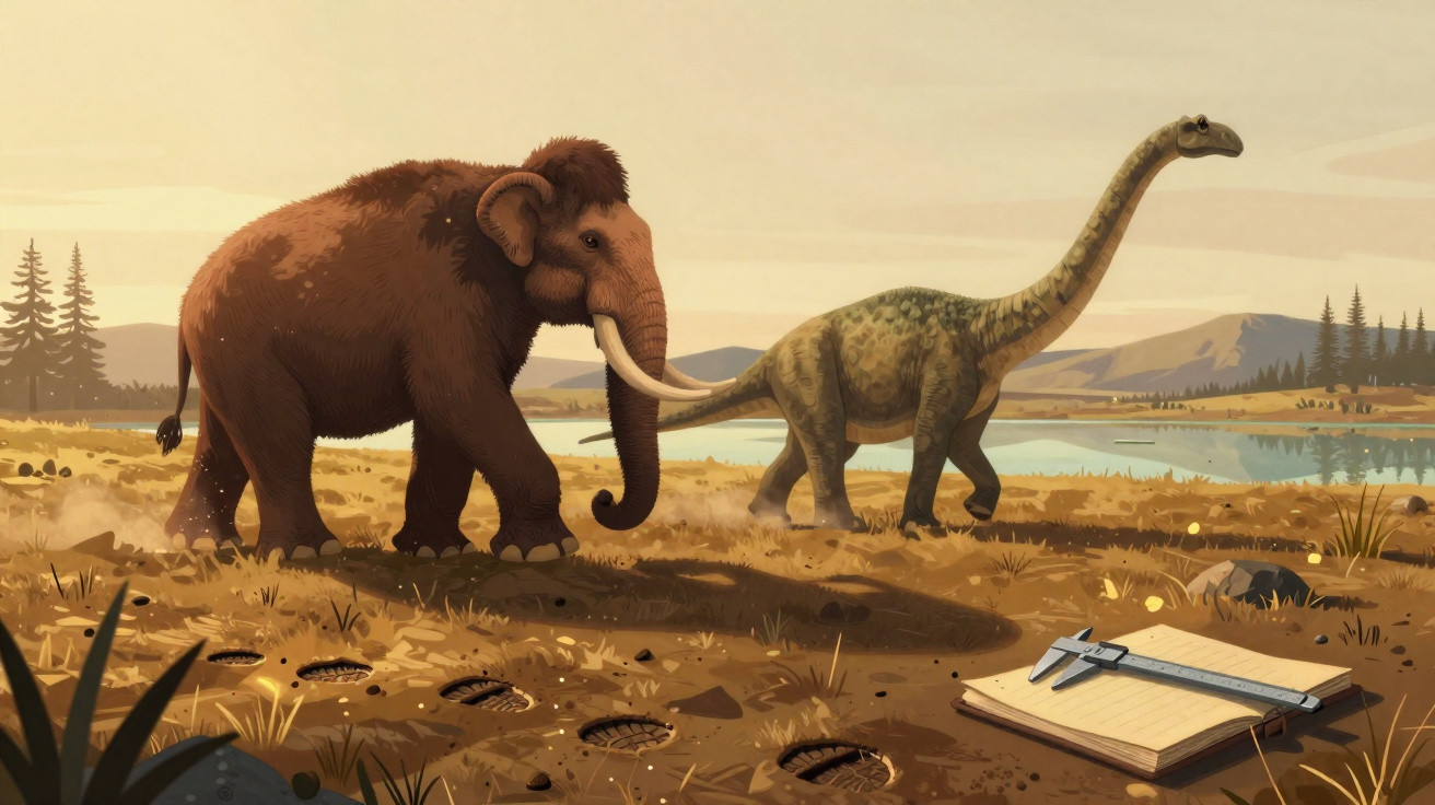 Mamute e dinossauro em paisagem pré-histórica com pegadas e régua de medição sobre caderno no chão.