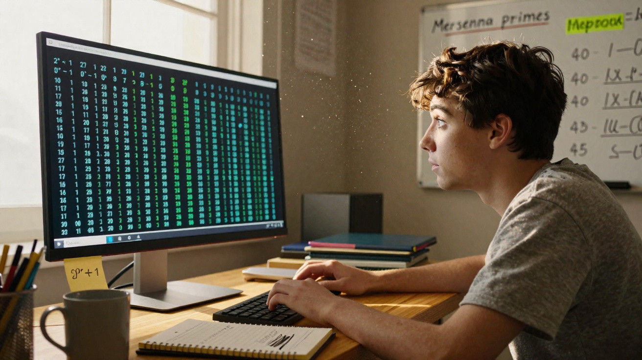 Jovem concentrado analisando números e dados em código no computador em ambiente de estudo.