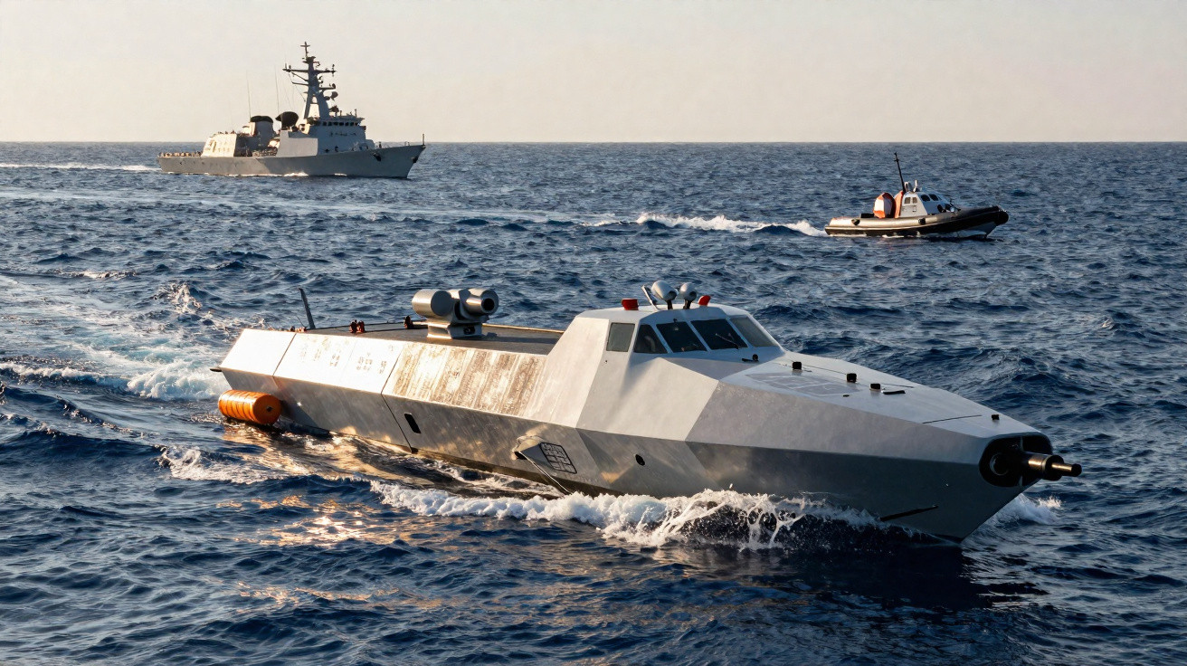 Embarcação naval autônoma futurista navegando no mar com dois barcos militares ao fundo.