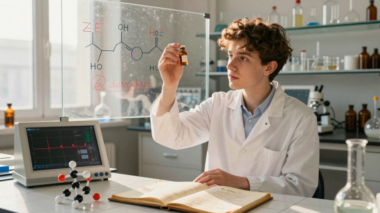 Jovem cientista em laboratório analisando frasco com líquido e fórmulas químicas na lousa de vidro.