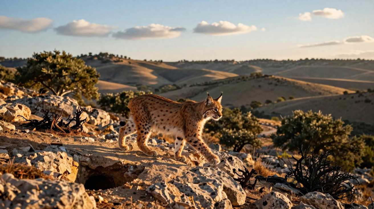 Lince caminhando sobre pedras em paisagem árida com árvores e colinas ao fundo ao entardecer.