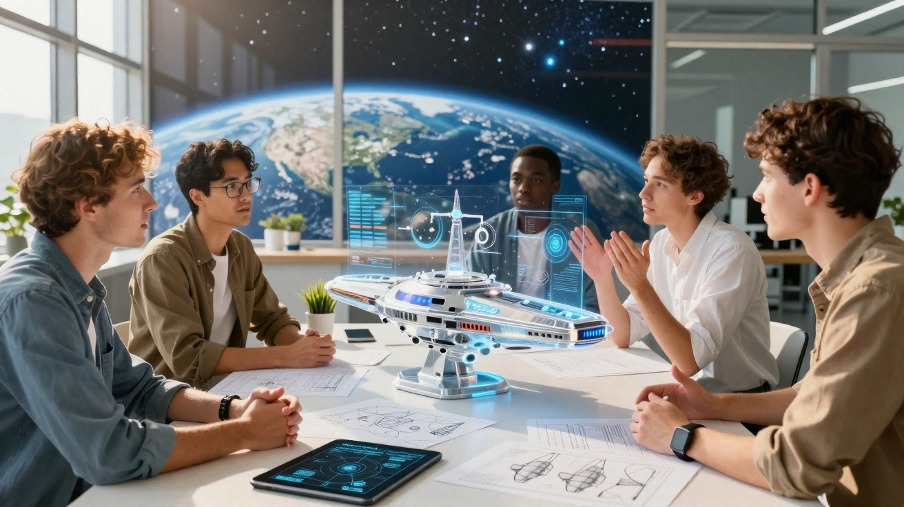 Jovens discutem projeto de nave espacial com holograma em sala futurista com vista da Terra no espaço.