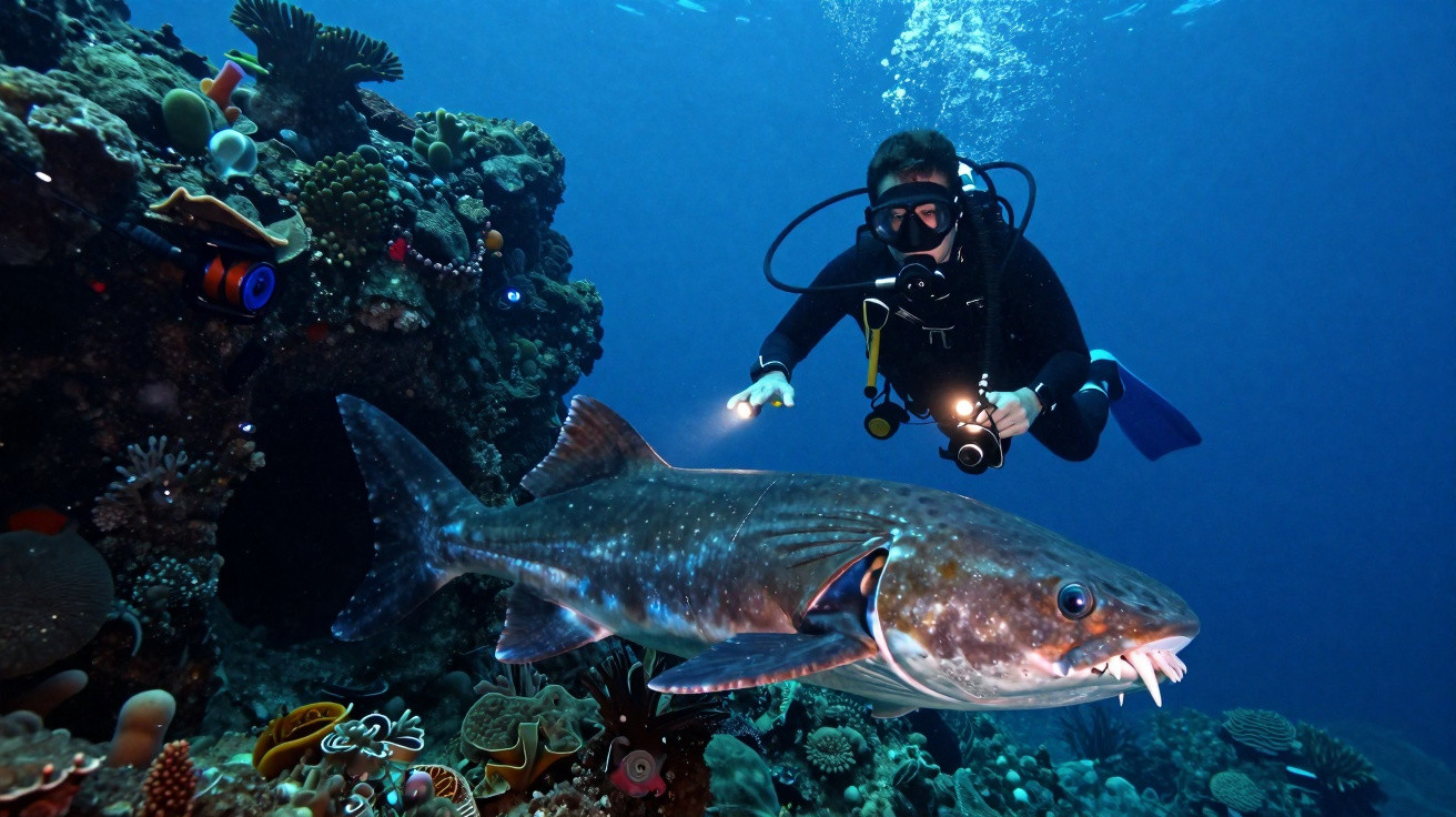 Mergulhador usando lanterna próximo a peixe-lua gigante em recife de corais no fundo do mar.