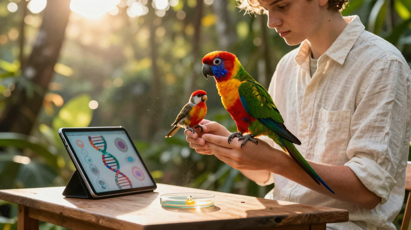 Jovem segurando dois pássaros coloridos ao lado de tablet com imagem de DNA, em ambiente natural.