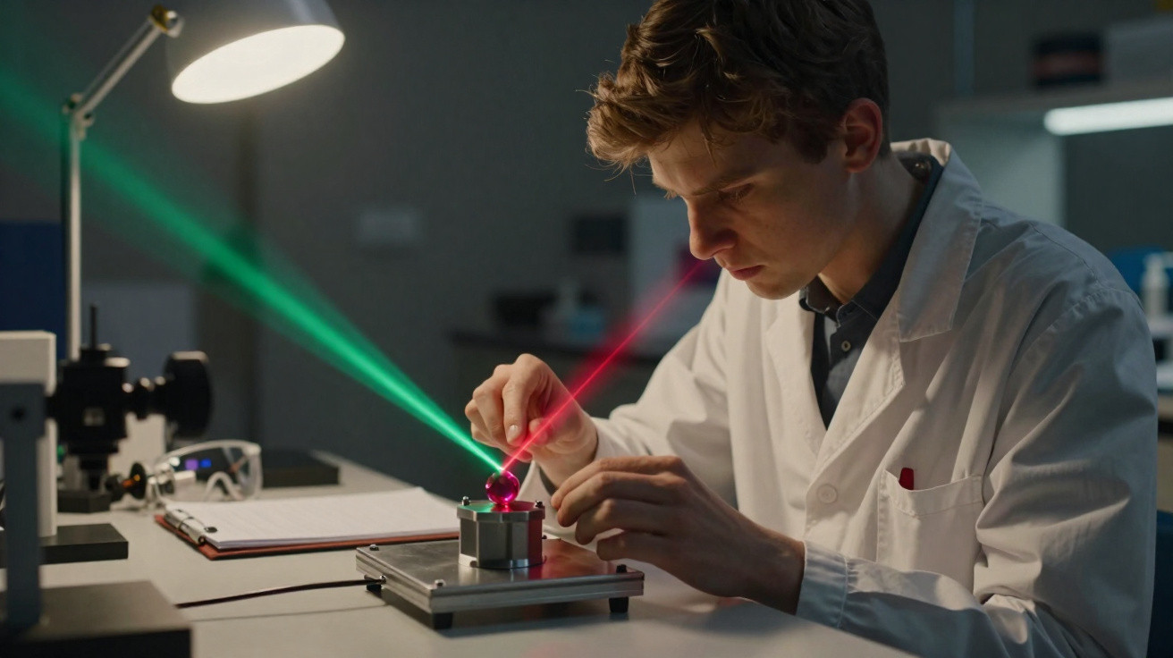 Cientista em laboratório ajusta equipamento com lasers vermelho e verde durante experimento.