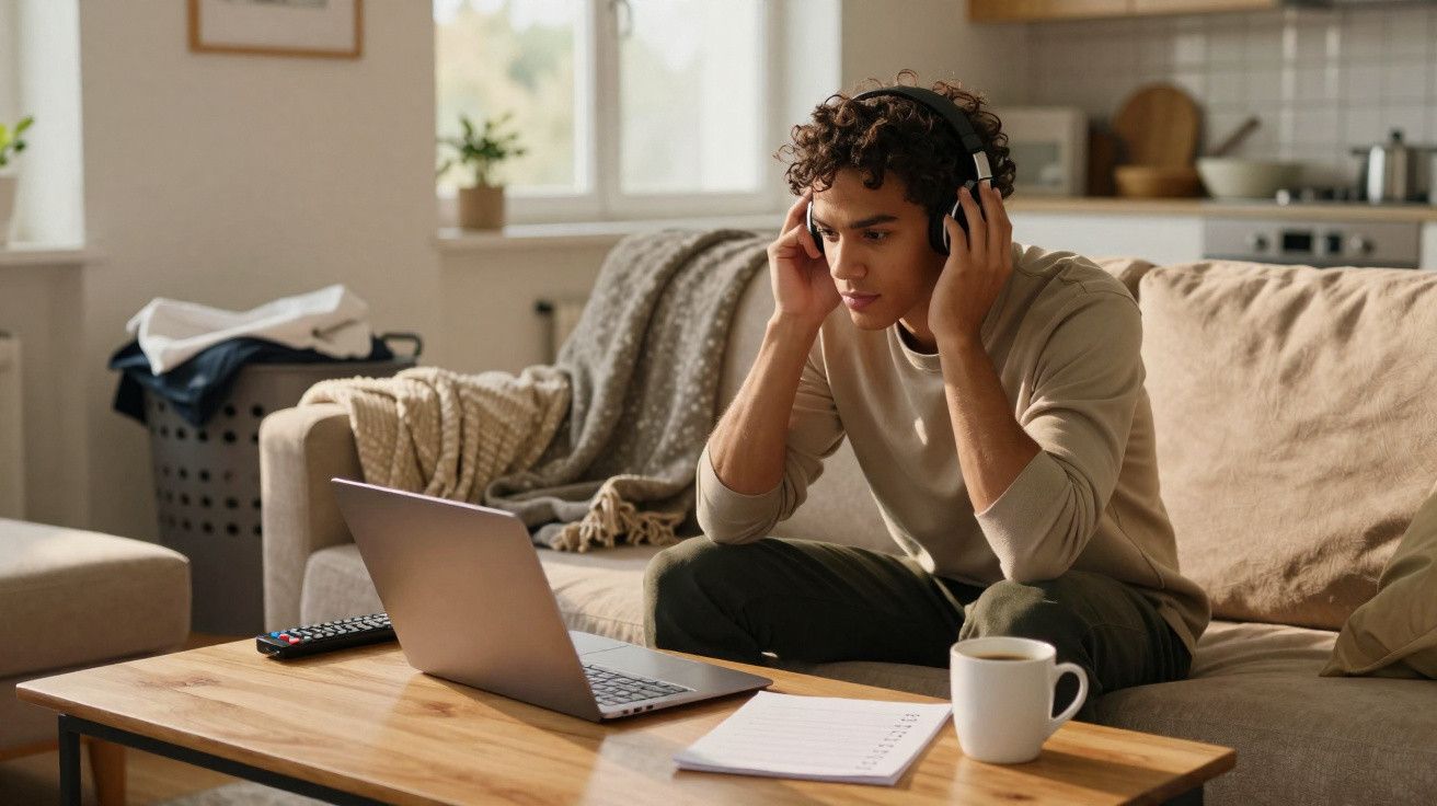 Jovem sentado no sofá usando fones de ouvido e olhando para o laptop em sala de estar aconchegante.
