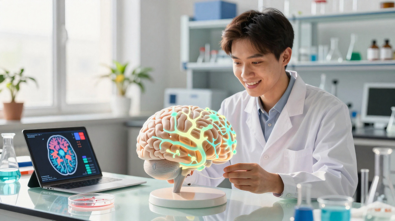 Cientista em laboratório analisando modelo 3D do cérebro humano com imagem cerebral no laptop ao lado.