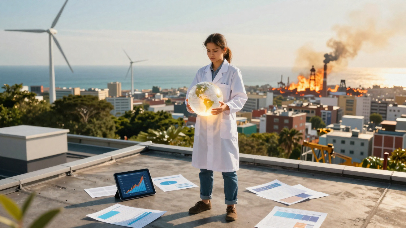 Mulher cientista na cobertura com dados e globo terrestre, turbinas e incêndio industrial ao fundo.