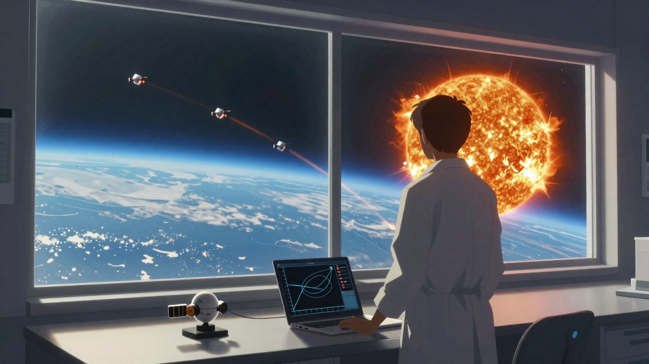 Pessoa de jaleco observa satélites em órbita da Terra perto de um sol brilhante através de uma janela.