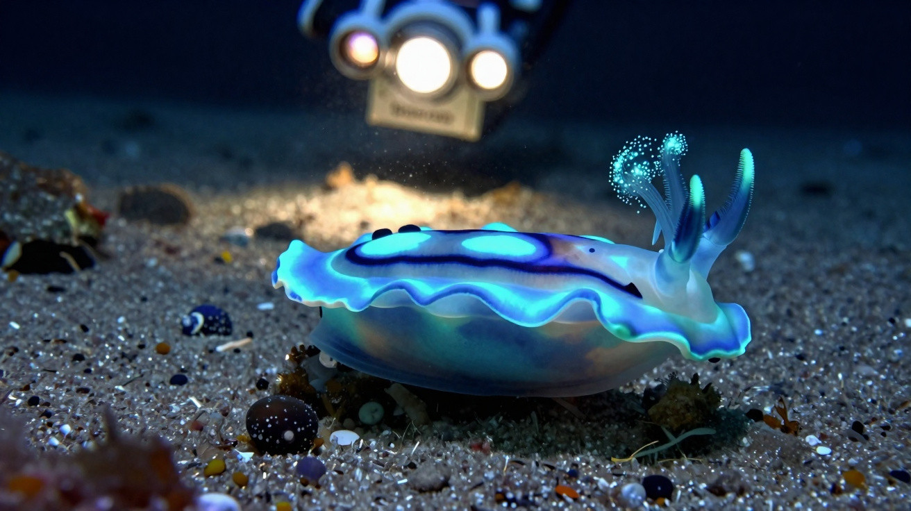 Fotografia subaquática de uma lesma-do-mar azul iluminada por uma luz durante mergulho noturno.