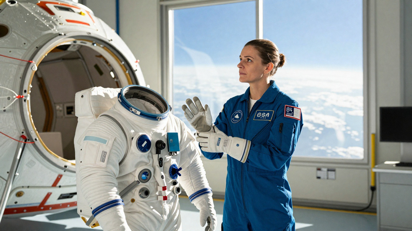 Astronauta com uniforme azul ajusta luvas ao lado de traje espacial branco dentro de módulo espacial simulado.