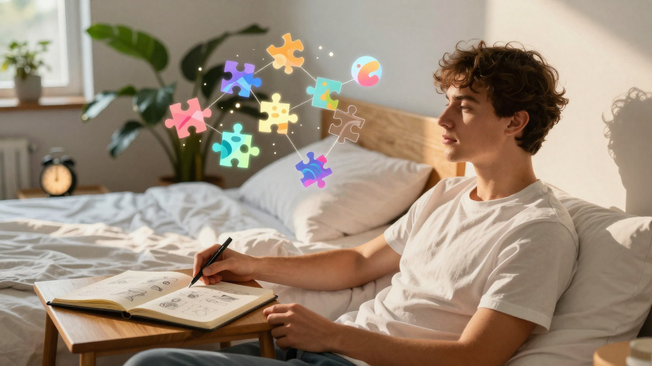 Jovem sentado na cama desenhando, com peças de quebra-cabeça coloridas flutuando ao seu redor.