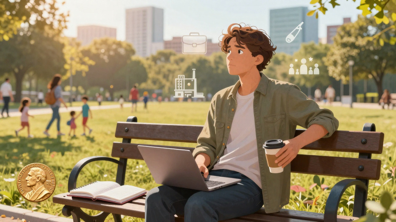 Jovem sentado em banco no parque com laptop e café, olhando pensativo, com pessoas e edifícios ao fundo.
